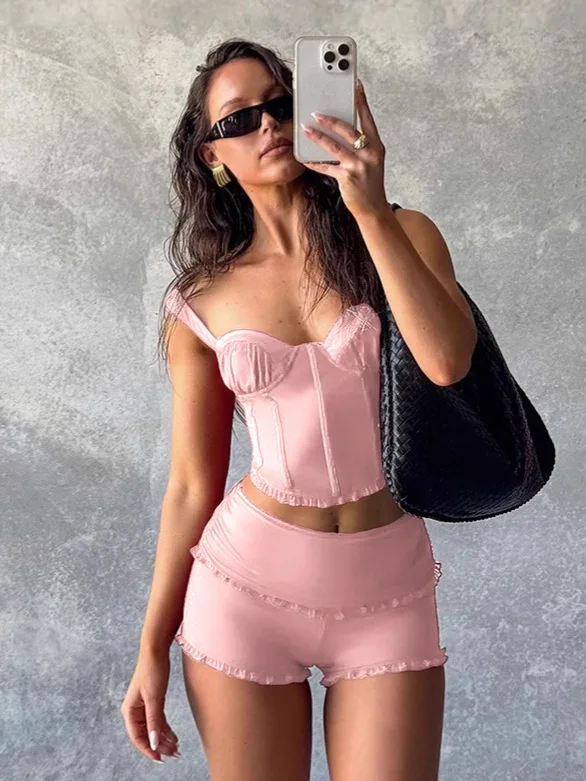 

2025 Summer New Sleeveless Elegant Women's Sets Solid Color Sexy Waist Vest Casual Tethered Shorts Female's Two-piece Set