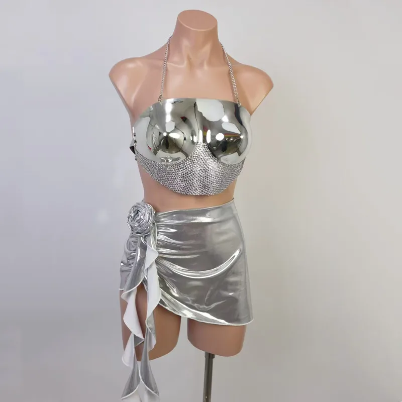 ملهى ليلي بار المرأة المغني مثير المرحلة ارتداء الذهب الفضة الراين حمالة تنورة صغيرة 2 قطعة مجموعة تظهر سحب الملكة زي #1