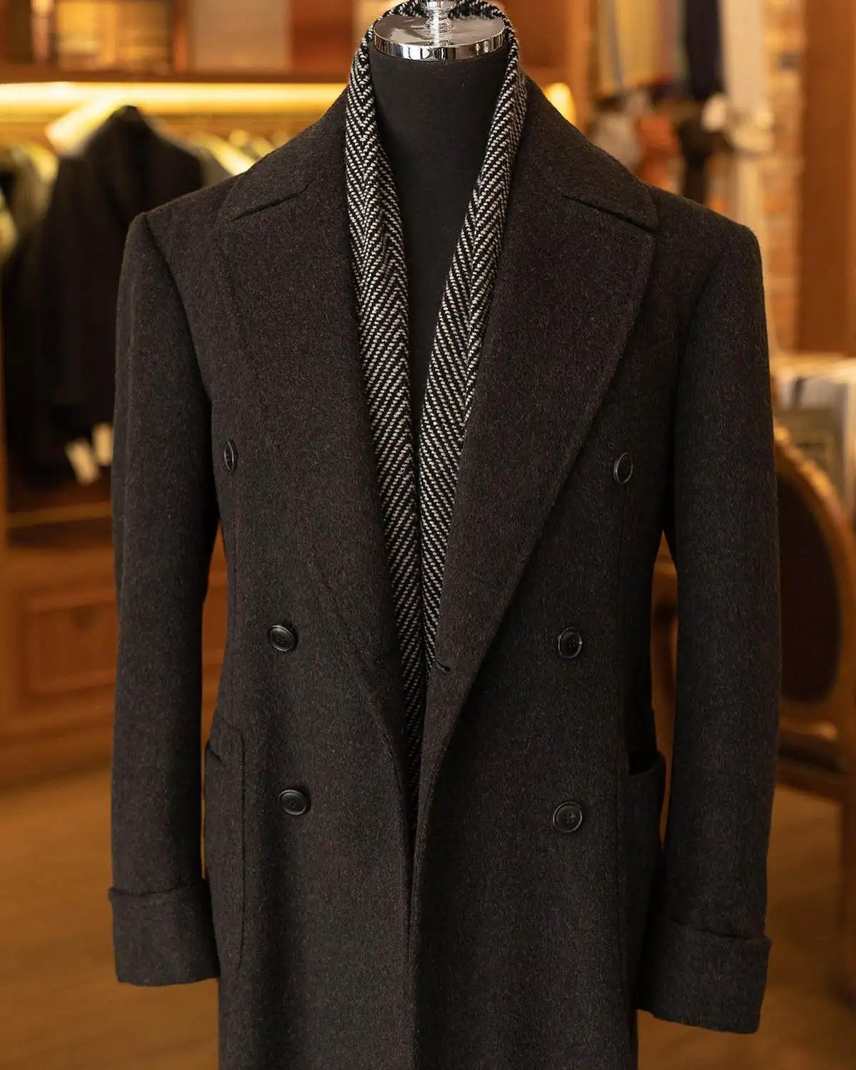 Manteau en mélange de laine noire personnalisé pour hommes, pardessus chaud d'hiver à Double boutonnage, vêtements de cérémonie d'affaires pour marié, veste longue une pièce