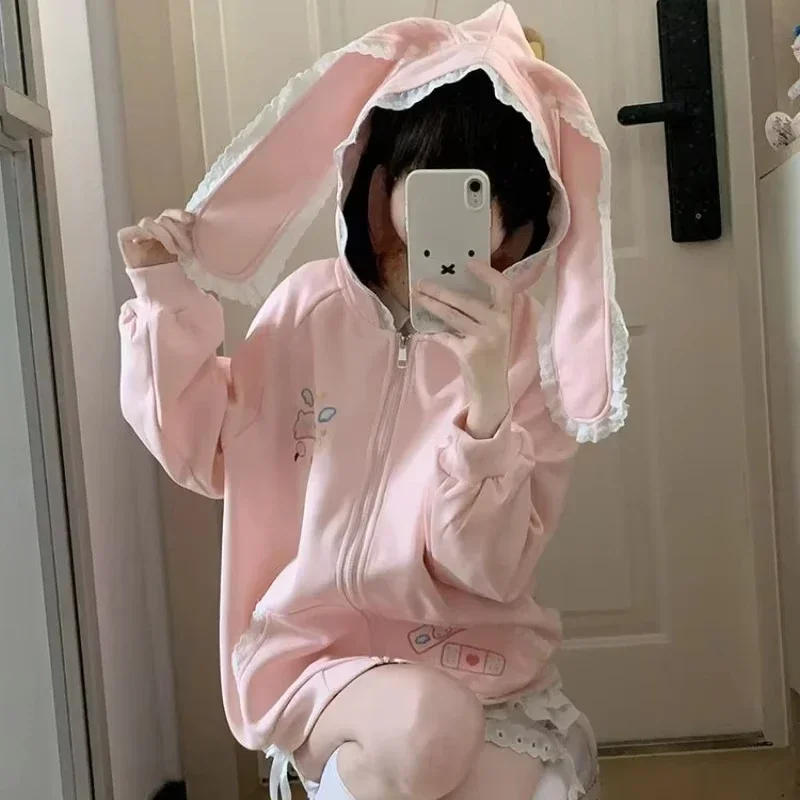 Cute Rabbit Ears Hoodie Women Kawaii Bunny Print Sweatshirt Spring Autumn Y2K Lace Bunny Ear Hooded Jacket Pink Lolita Girl Coat