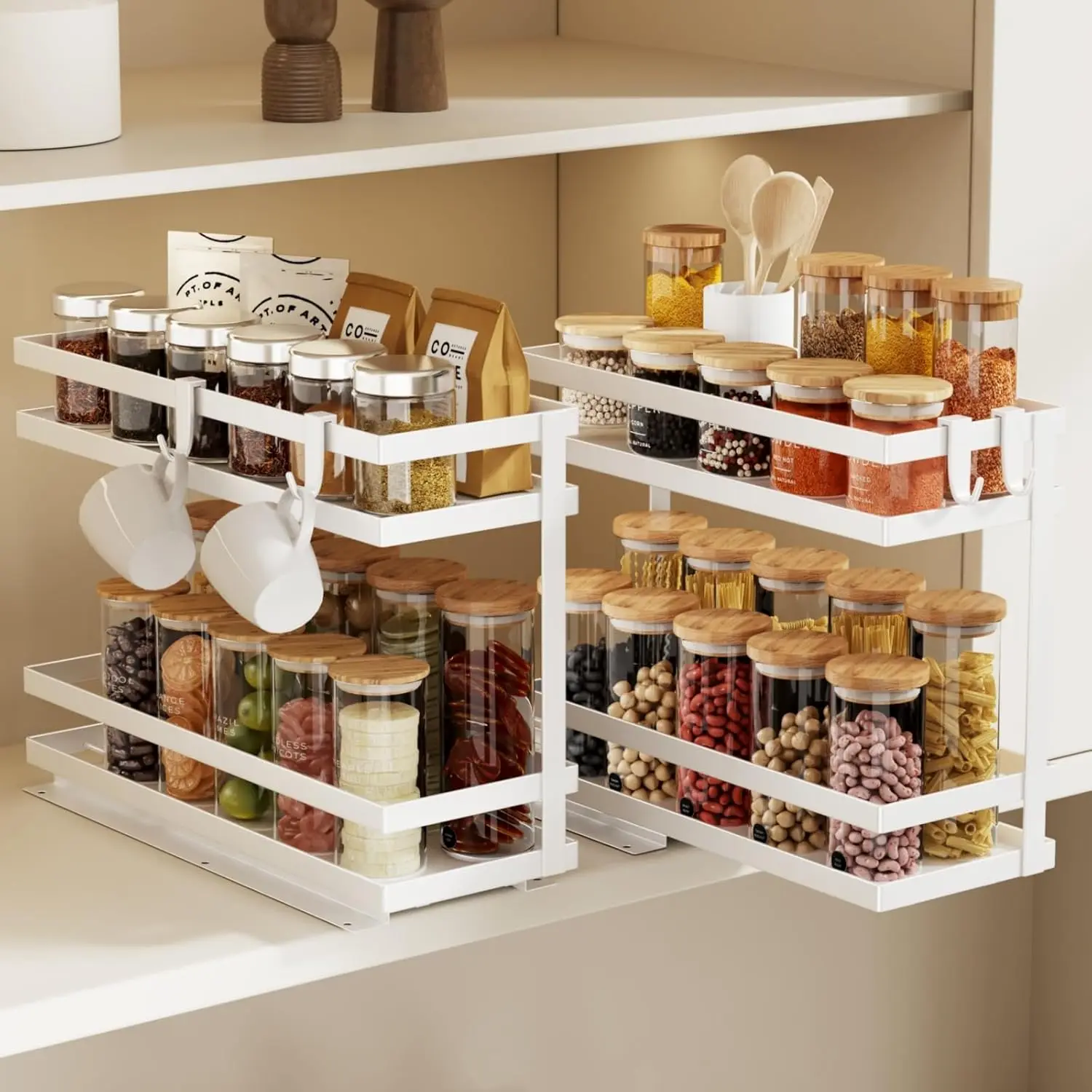 

Набор из 2 выдвижных органайзеров для специй в шкаф, металлическая выдвижная полка без сверления, белая
