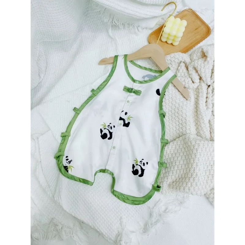 Jumpsuit Satin Panda baru lahir, Jumpsuit tanpa lengan pakaian tradisional cina untuk bayi kasual rompi kaki datar Onesie 0-12 bulan musim panas