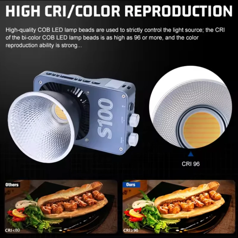 S100 100W Photographic Camera Light Dual Color COB Fill Lights For Outdoor Mini Size CRI96 Dimmable Portable Handheld Fill Light