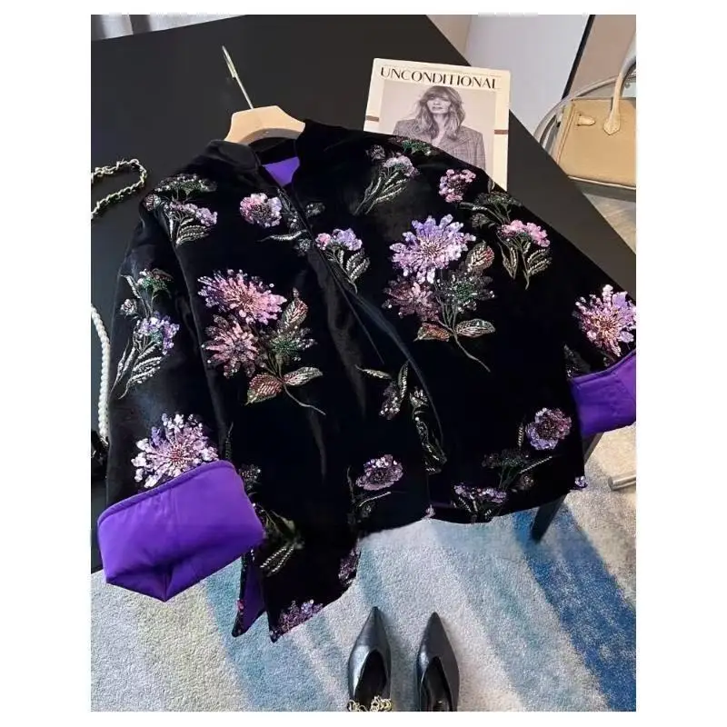 

Новая китайская бархатная куртка для женщин, утепленная хлопковой подкладкой, с роскошной отделкой, премиум-класса, зимняя новинка