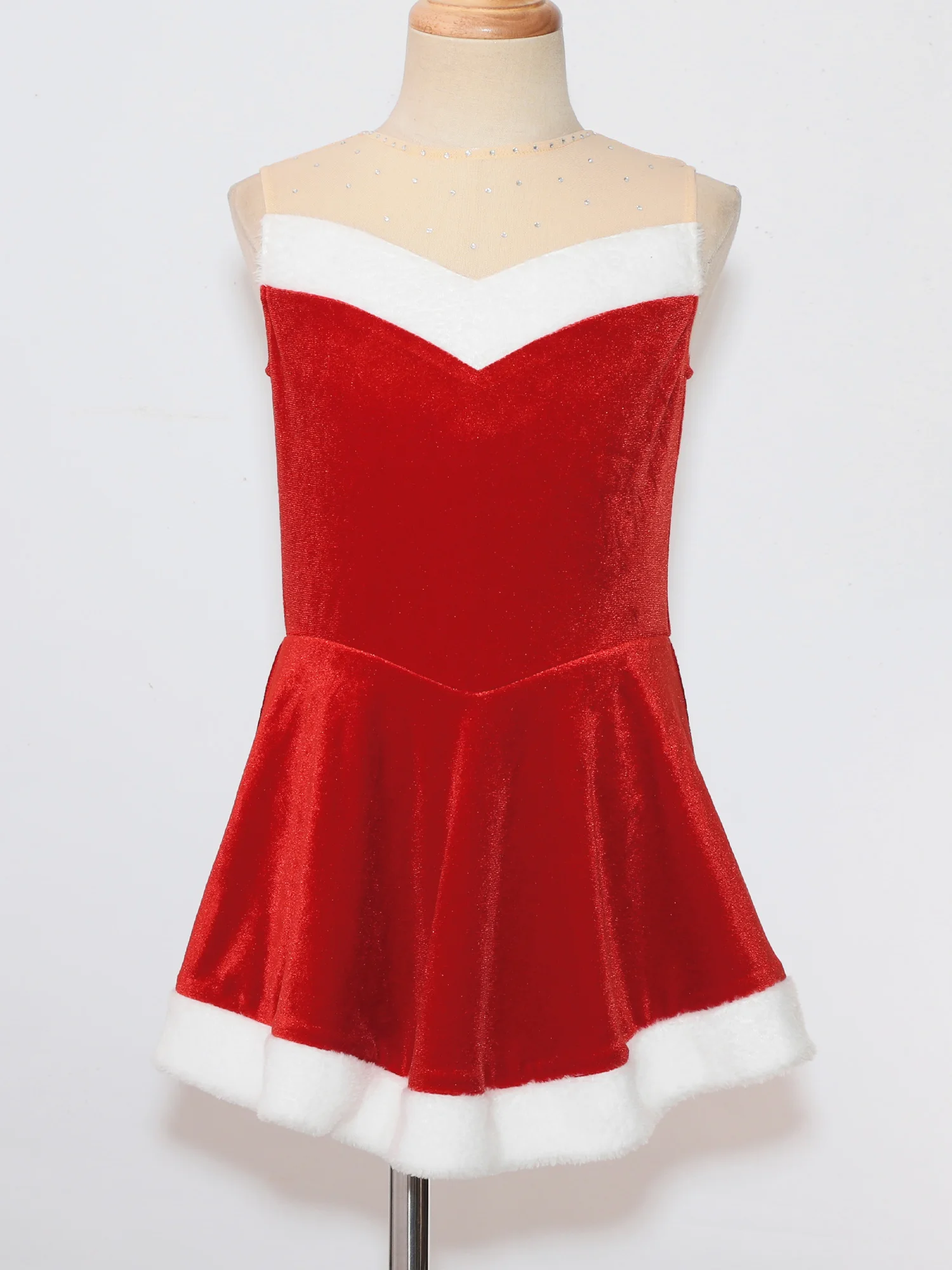 Bambini ragazze vestito da ballo di natale costumi di babbo natale Mrs Claus senza maniche tuta di velluto vestito da pattinaggio di figura con Set di cappelli di natale