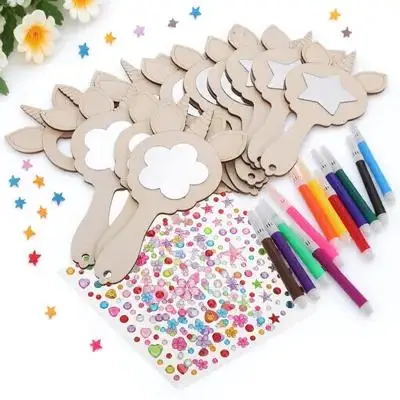 1Set Unicorn Wooden Handheld Mirror Craft Kit Unfinished Mini Small DIY Painting Makeup Mirror Creative Decorative Accessory