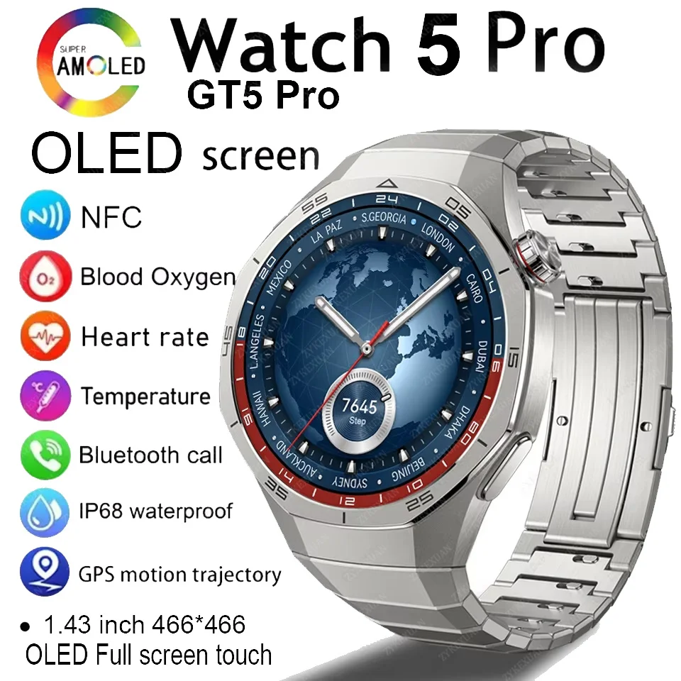 New NFC For Huawei GT5 PRO Smart Watch Men 1GB Memory OLED 466*466 HD Screen Bluetooth Call GPS Waterproof SmartWatch Men 2025