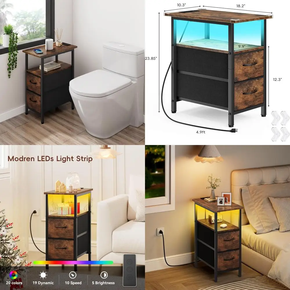 

Rustic Brown Nightstands with Charging, LED Lights, and Fabric Drawers for Small Spaces