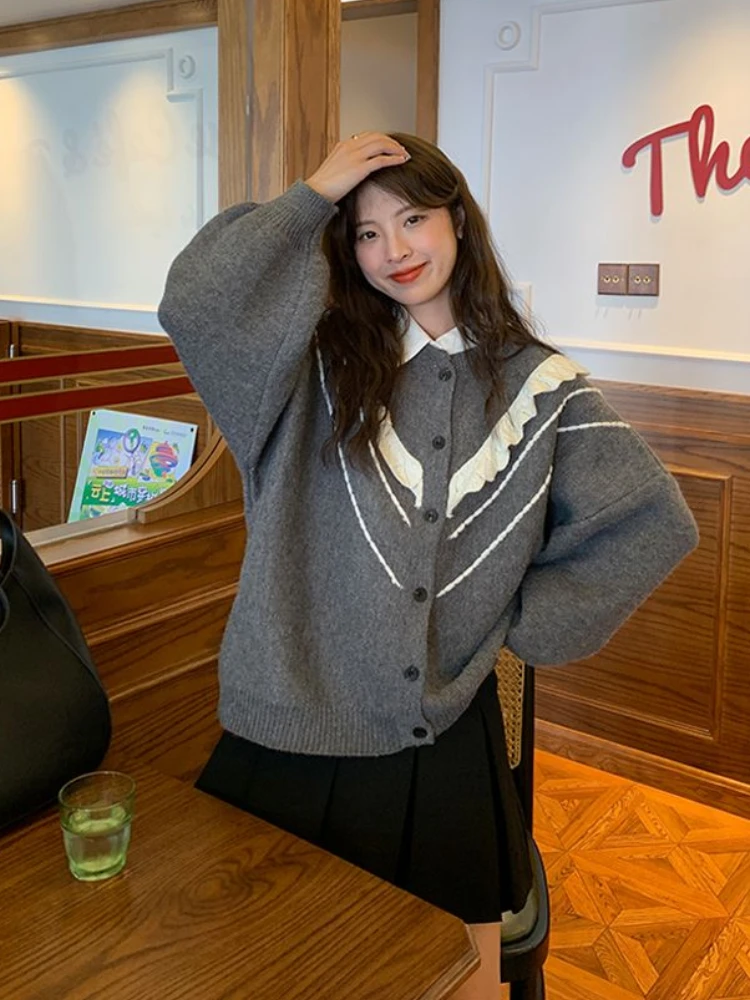 

Sweaters Women Japanese Kawaii Preppy Style College Casual Ulzzang Cardigan Knit Patchwork Cozy Vintage High Street Long Sleeve