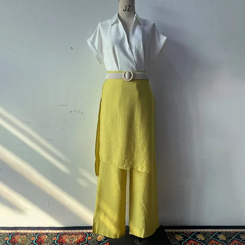 ชุดเซ็ต 2 ชิ้นสำหรับผู้หญิง ฤดูร้อน 2025 เสื้อคอวีแขนสั้นสุดหรู พร้อมกระโปรงและกางเกงขายาวทรงกว้าง แฟชั่นลำลอง ชุดสองชิ้นสำหรับผู้หญิง