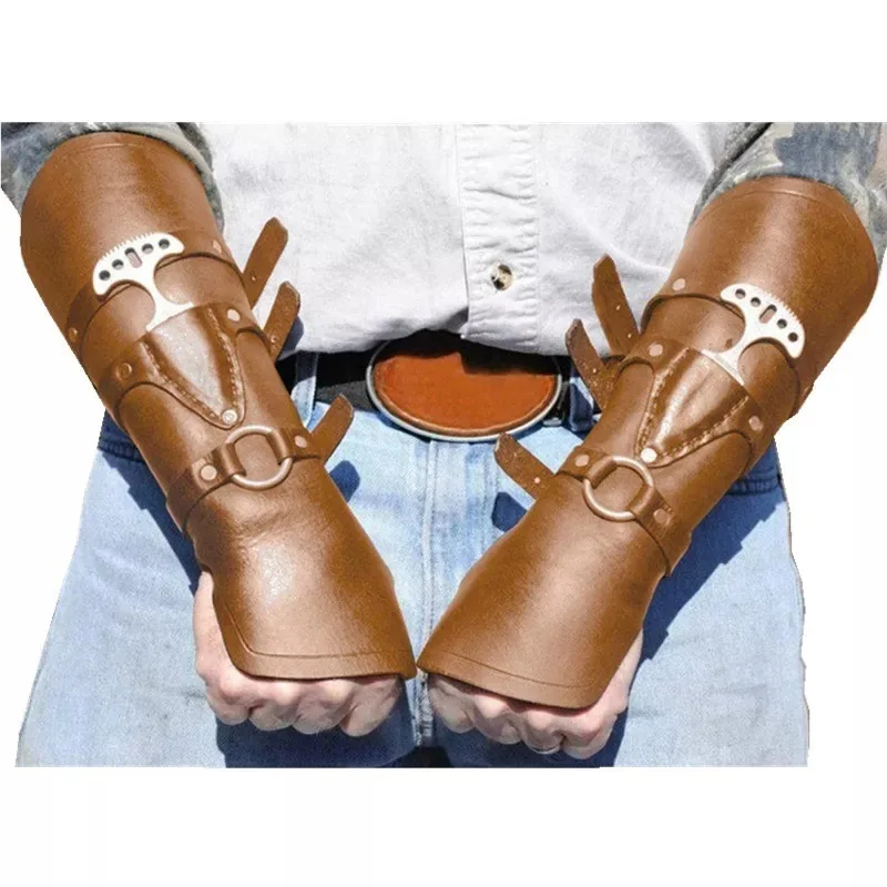 Średniowieczne skórzane ochraniacze na ramiona zbroja karwasze mężczyźni Viking wojownik rycerz rękawica opaska na nadgarstek szeroki mankiet LARP Cosplay rękawiczki Steampunk