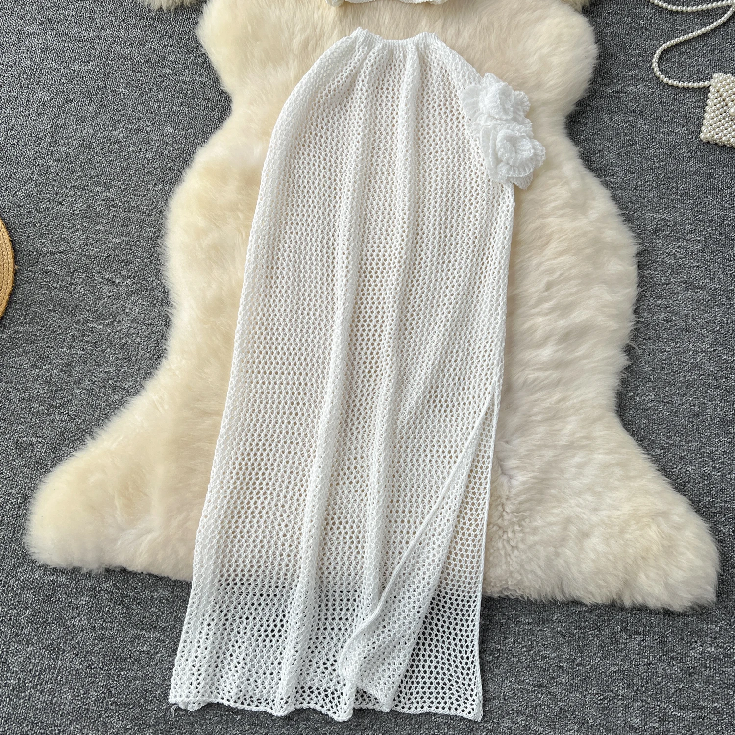 Vrouwelijke Zomer Halter Tropische Outfit Gebreide Holle 3D Bloem Sets Vrouwen Split Strand Vakantie Feestkostuums Dame Elegante 2 stuks Set