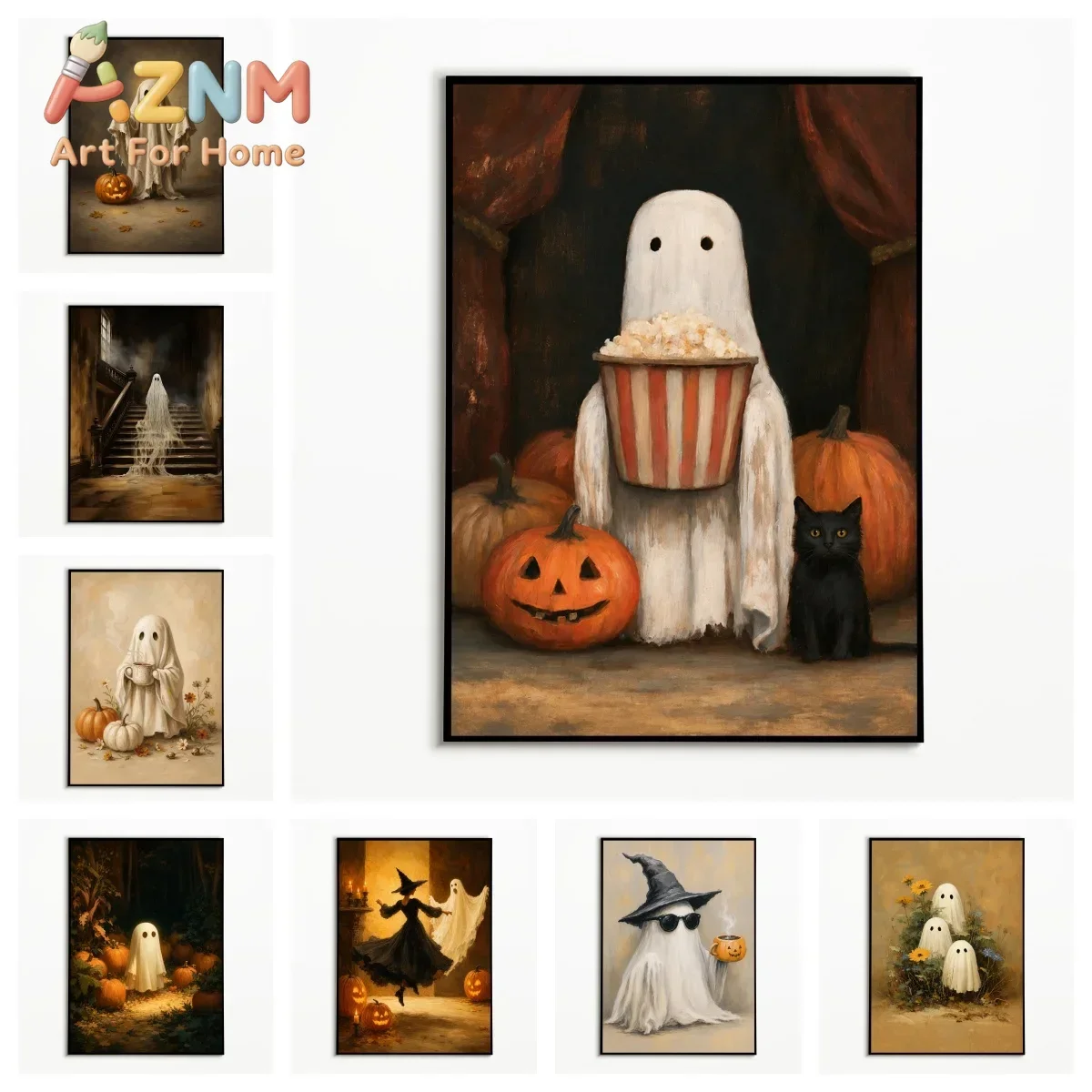 1PC Autumn Cute Ghost Pumpkin Black Cat Witch Poster  Retro Halloween Horror Wall Art  Canvas Printing Fall Gift  Room Decor