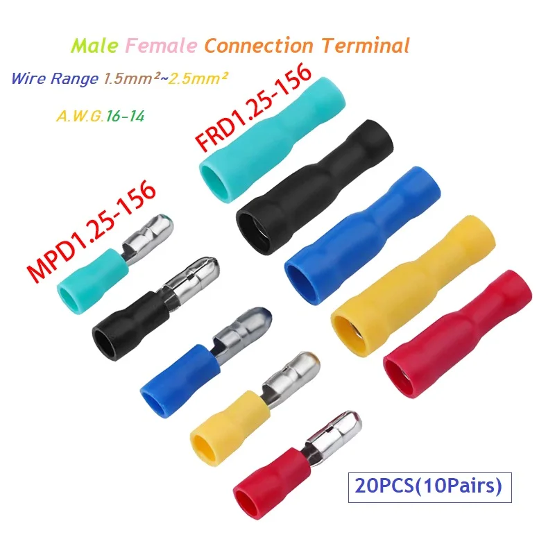 20PCS Assorted Female Male MPD(FRD)1.25-156 Butt-Joint Terminal Insulated Cable Lug Quick Crimping Wire 0.5-1.5mm² 22~16AWG