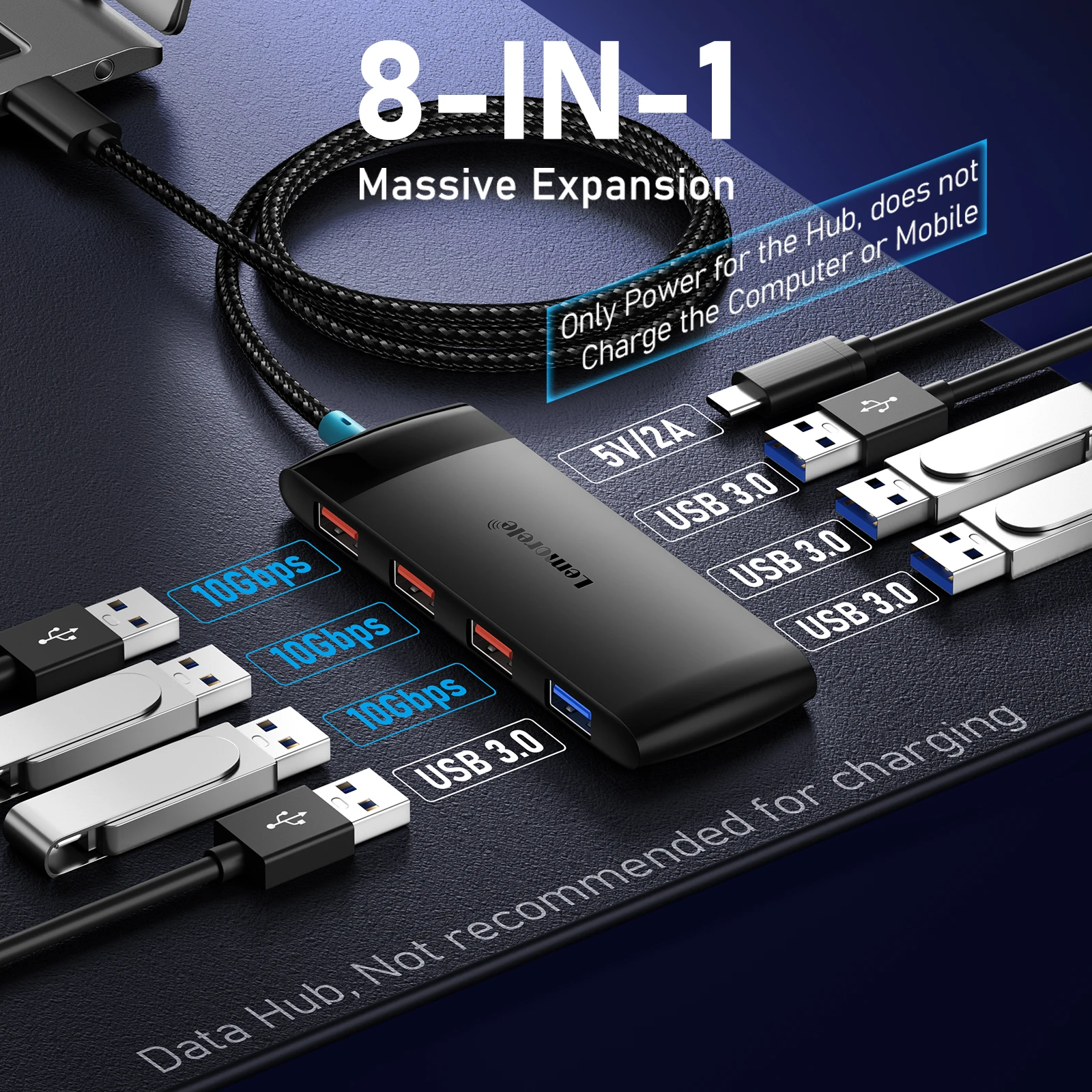 Lemorele TC110 8-portowy koncentrator USB typu C 10 Gb/s USB typu C na USB 3.2 Gen Data 3-portowy koncentrator do komputerów Akcesoria biurowe — zdjęcie produktu 2