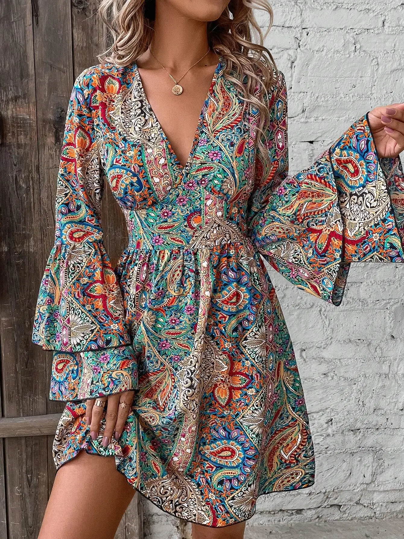 Women's Boho Floral Printed V-Neck Flared Sleeve A-Lined Dress Autumn Ladies Holiday Beach Vacation Casual Sundress Size S-3XL