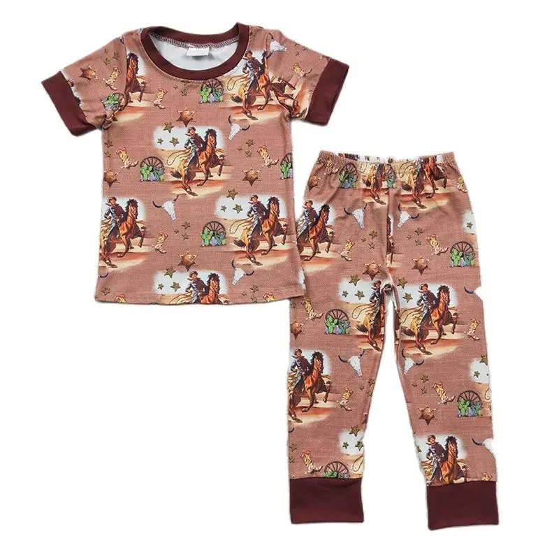 Baby Kid Short Sleeves Cow Shirt Tee Set Toddler Outfit Nightclothes Children Pants New Pajamas Baby Boy Western Horse Sleepwear