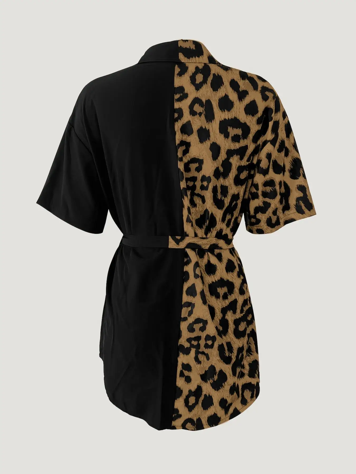 Ladies Solid Color Leopard Print Asymmetrical Collar Short Sleeve Shirt Dress Dual Tone Contrast Design Fashion Casual Wear