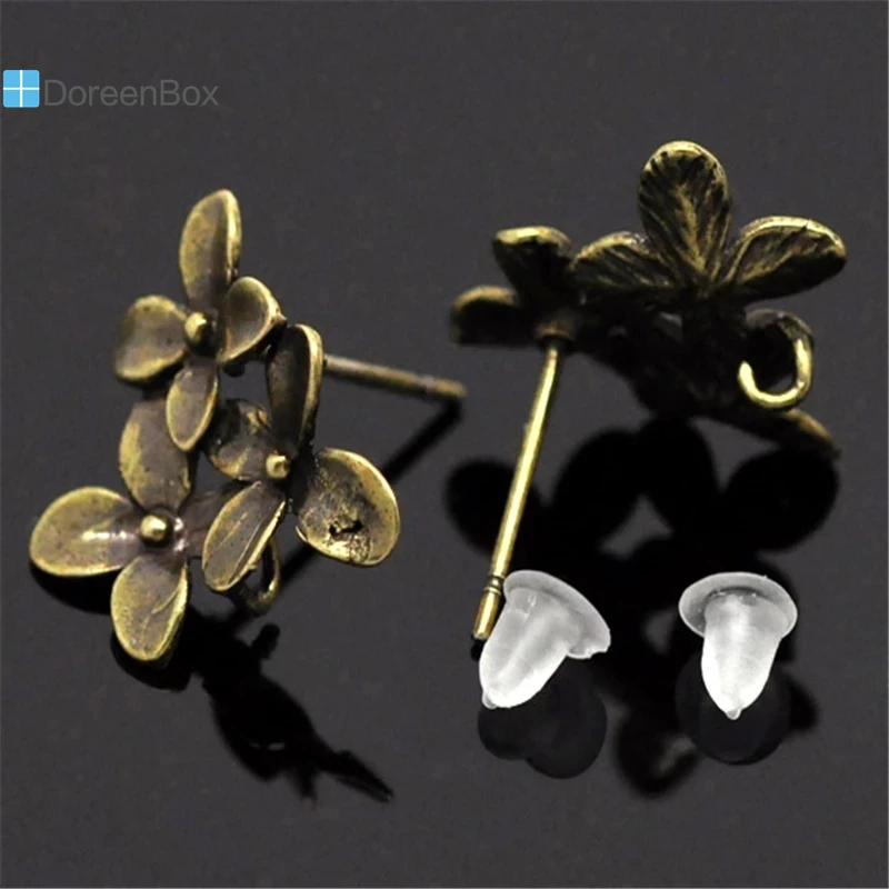 Doreen Box  Antique Bronze Flower Earring Post W/ Stoppers Loop Copper 15x14mm Stud Earring For Women Jewelry Gifts, 5 Pairs