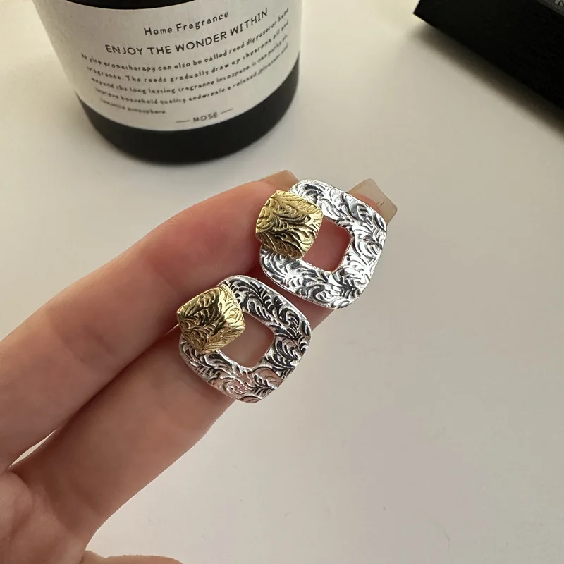 S925 Sterling Silver Earrings Tang Grass Pattern Chinese Earrings Simple Fashion Gold and Silver Color Clash Geometric Earrings