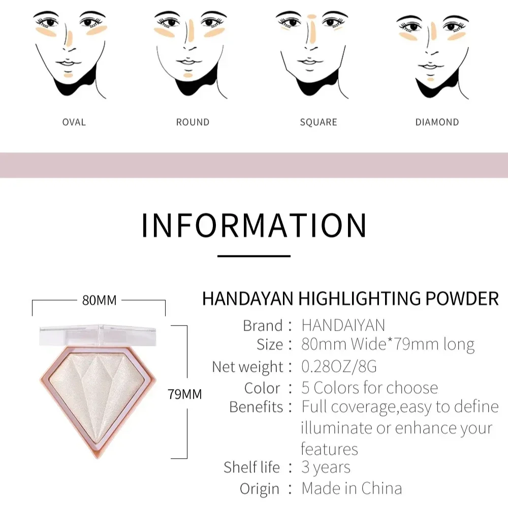 Diamond-Shaped Make Up Highlighter Powder Palette for Face and Body 3D Curved Shimmer Bronzer Glow Palette Cosmetics 5Color 2024