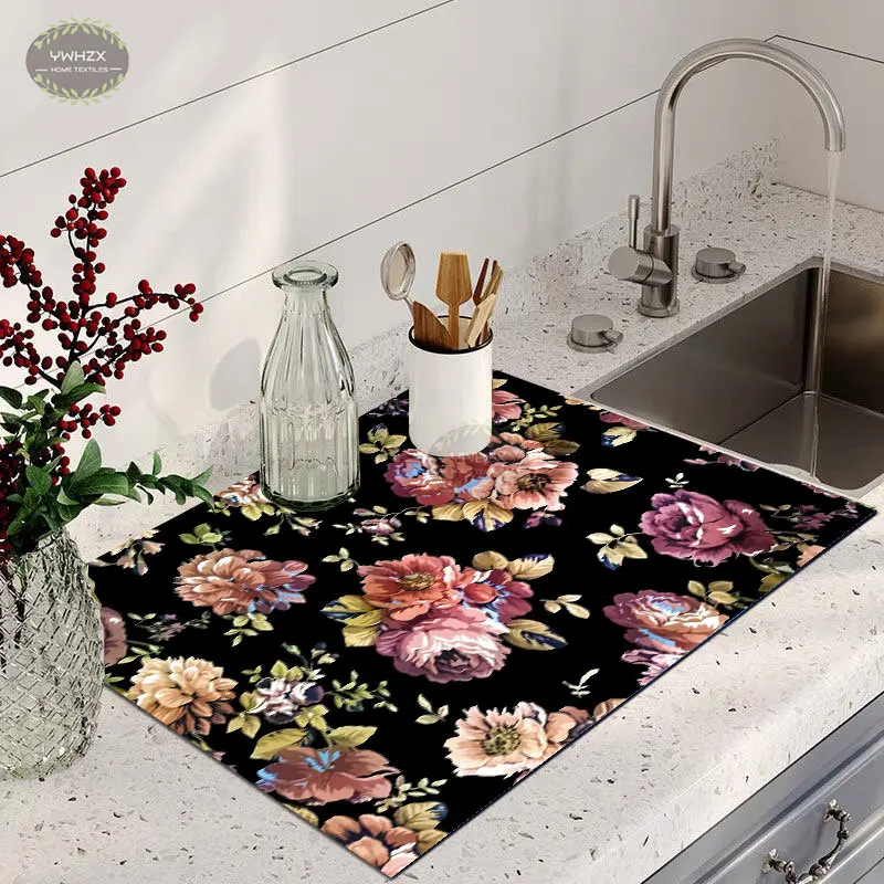 Vintage Flowers Drain Pad Kitchen Absorbent Drain Drying Mat Rubber Tableware Printed Dinnerware Cup Bottle Rug Tableware Mats