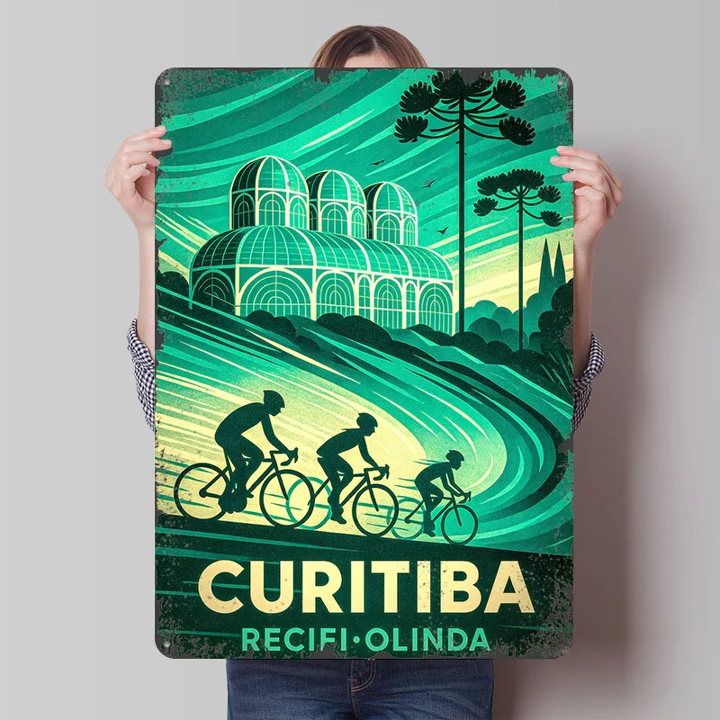 Pôster Personalizado de Ciclistas em Curitiba, Arte de Parede Retro Vintage, Placas de Metal para Decoração de Quarto, Caverna do Homem