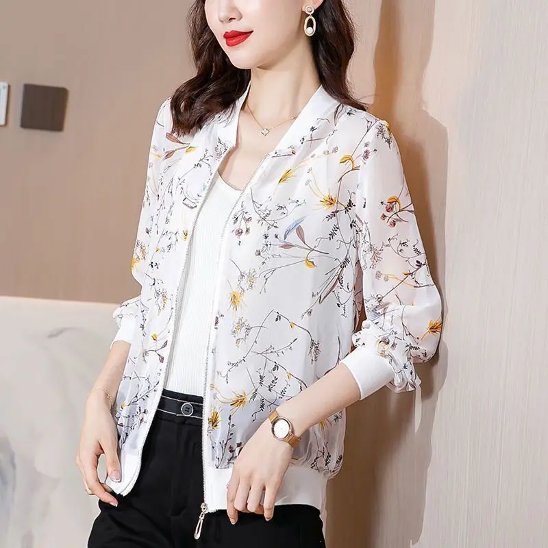 Spring Summer New Thin Chiffon Printing Coat Long Sleeve Plus Size Loose All-match Cardigan Tops Vintage Fashion Women Clothing