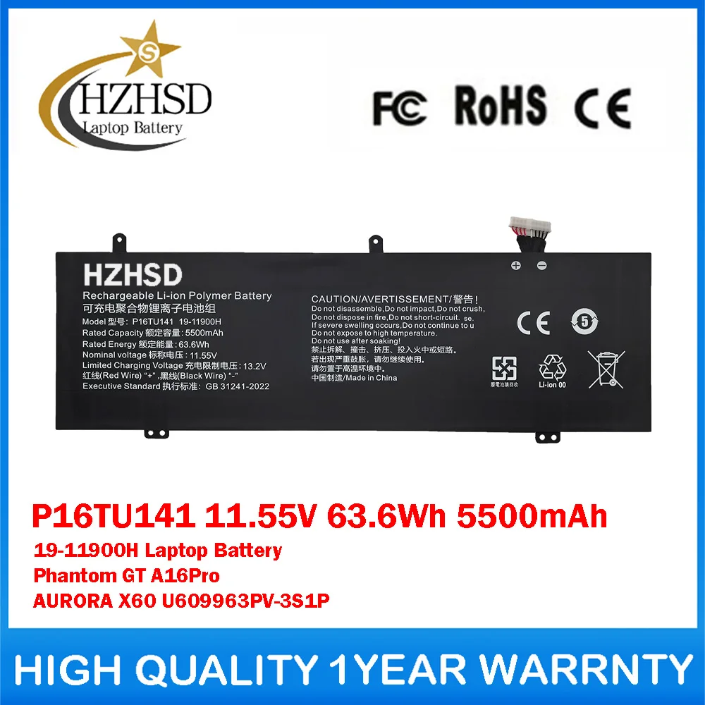 P16TU141 11.55V 63.6Wh 5500mAh 19-11900H Laptop Battery For DERE Phantom GT A16Pro AURORA X60 U609963PV-3S1P Series Notebook