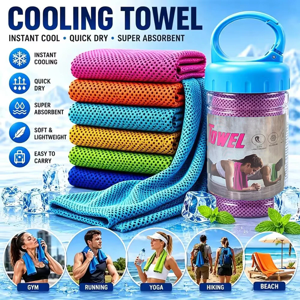 Portable Bottle Mounted Quick Dry Towel Gym Sports Sweat Absorbent Cold Sensation Fast Ice Towel Swimming Beach Towels