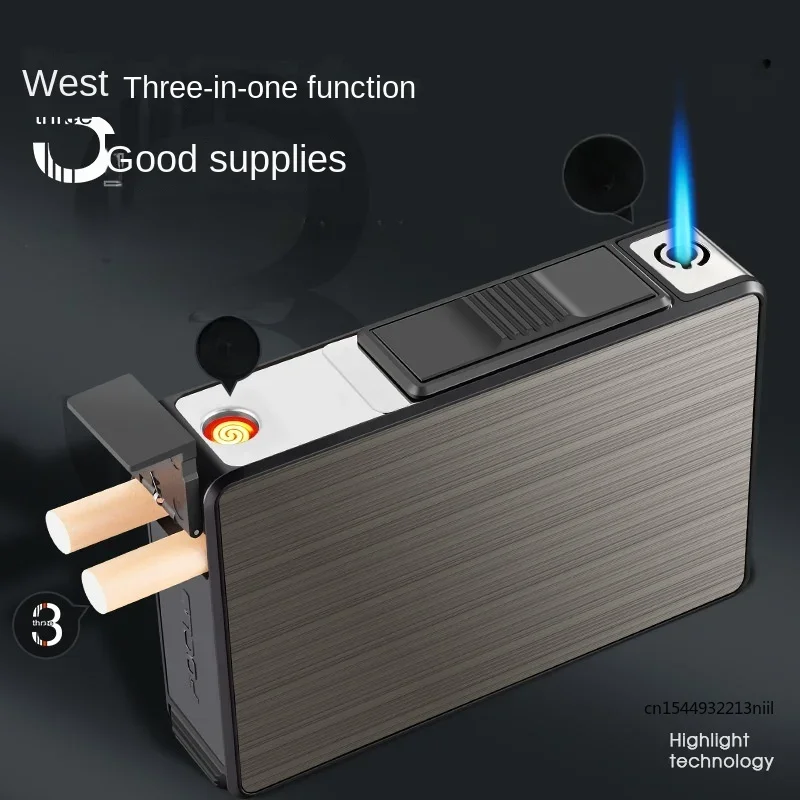 

Gas Electric Dual Use Cigarette Case 20 Cigs, Auto Eject Refillable & Rechargeable, Men Windproof Creative Cool Design