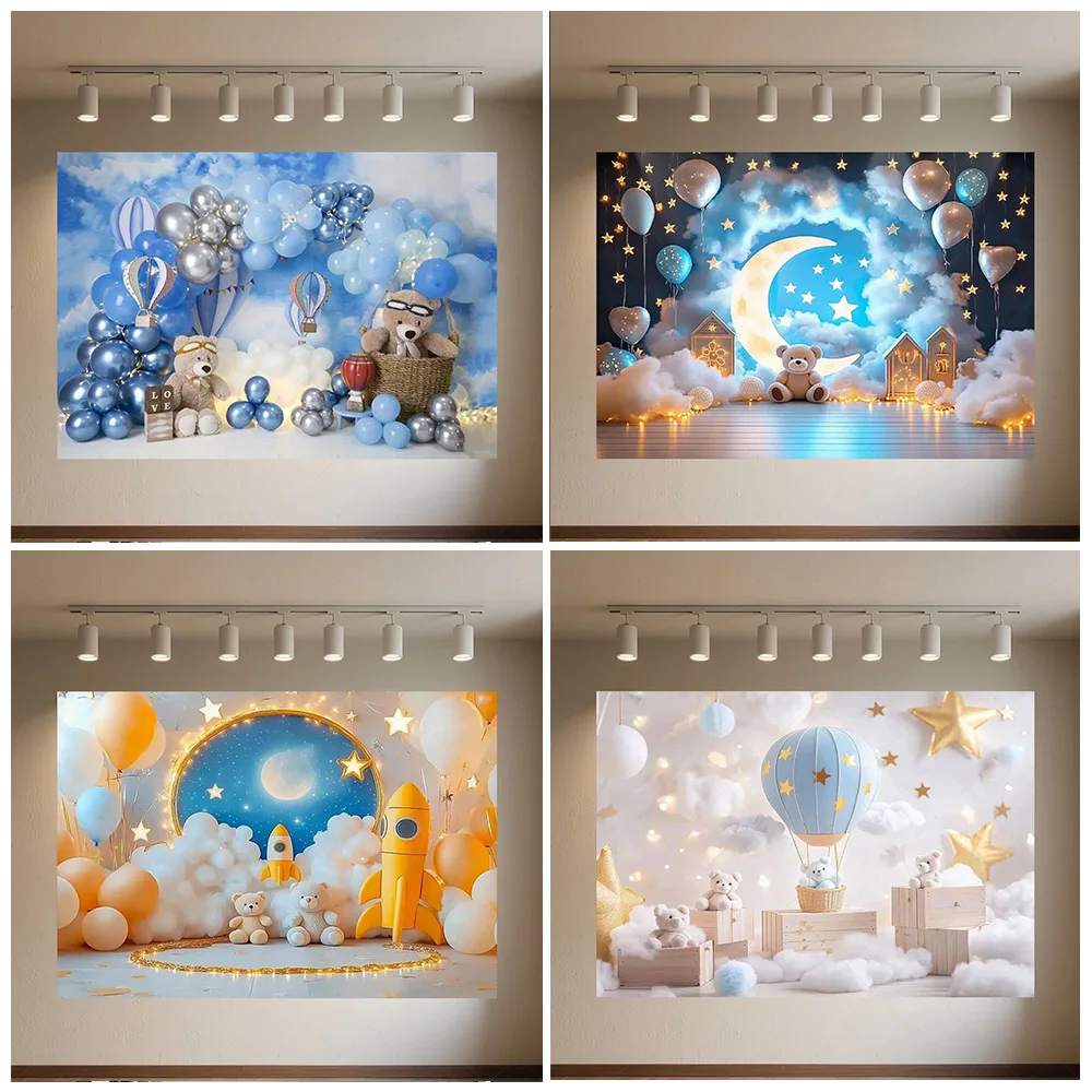 

Cartoon Hot Air Balloon Teddy Bear Photography Backdrop Kids Birthday Party Decor Baby Shower Supplies Newborn Photo Shoot Prop