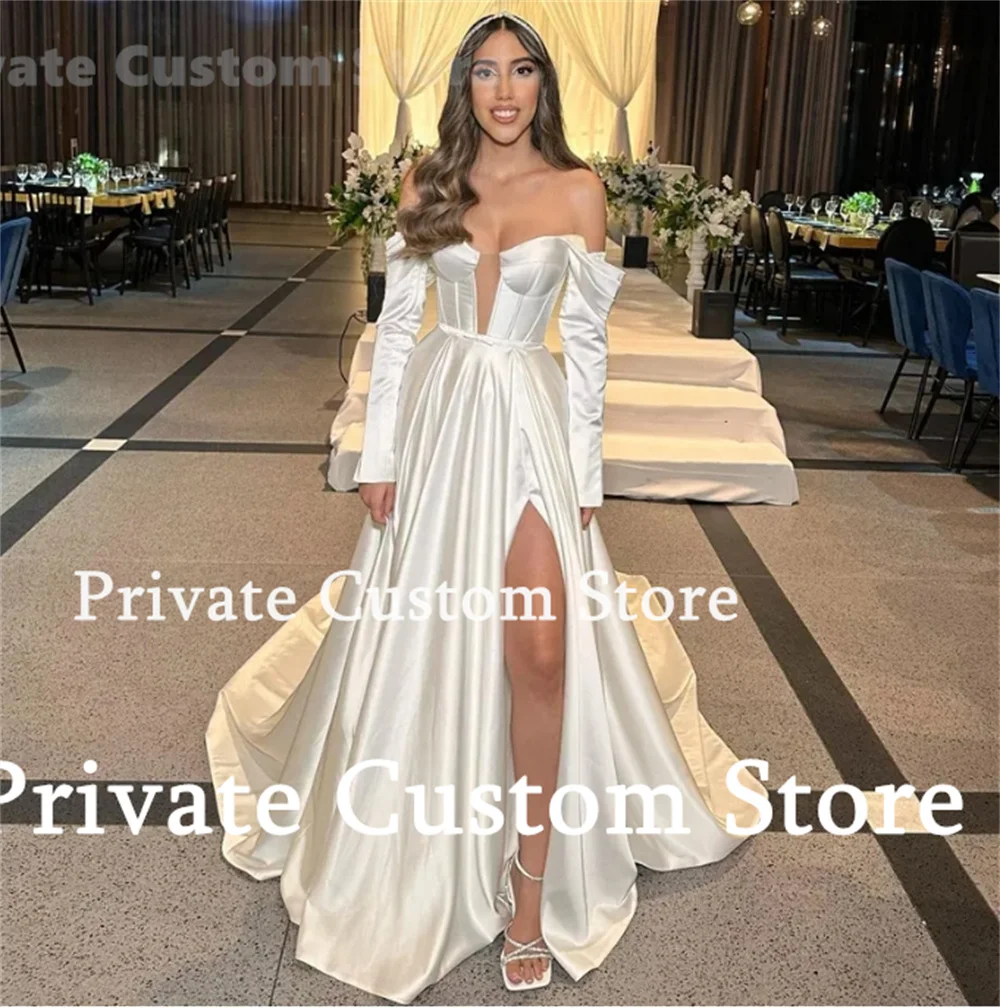 New White Satin Wedding Dresses Off-Shoulder Long Sleeves A-Line Prom Dress Floor-Length Wedding Party Dress Evening dress