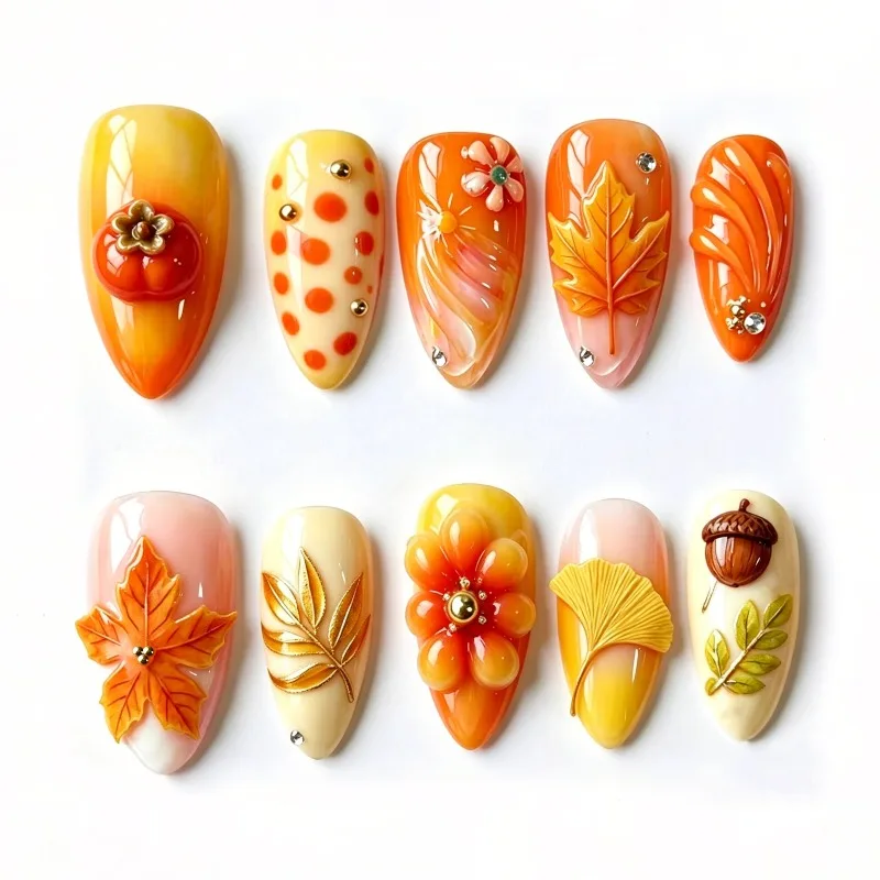 30 Stück Aufklebenägel in Mandelform mit Herbstmotiven: Ahornblatt, Tannenzapfen, Leopardenmuster, Niedliche Abnehmbare Künstliche Nägel für Alltag und Partys