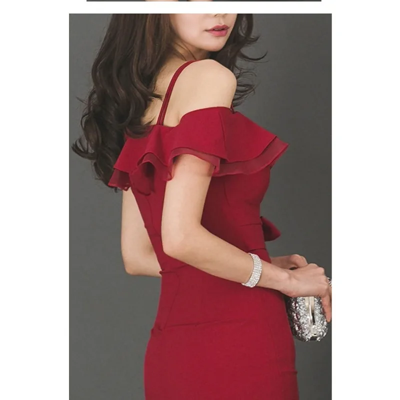 Fashion Sexy Red Twill Collar Spaghetti Strap Ruffled Dress 2024 Elegant Temperament Slim Fit Women's Party Nightclub Dress