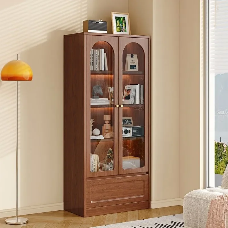 For Solid Wood Bookcase with Glass Door Antique Living Room Display Cabinet Wall Storage Unit for Small Apartment Home Decor