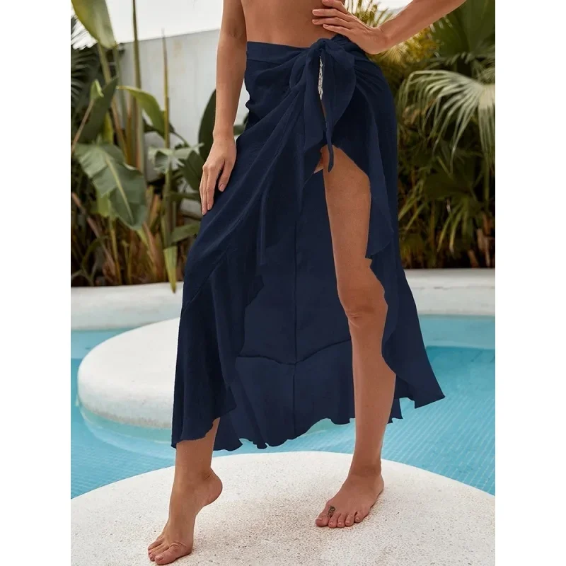 Trendy Beach Wrap Skirt Women Solid Ruffles High Waist Bandage Bikini Cover Up Bathing Suit Beachwear Thin Sunscreen Long Skirts