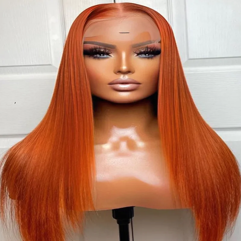 

Soft Glueless 180 Density Ginger Orange Silky Straight Lace Front Wig For Women BabyHair 26“Long Heat Resistant Preplucked Daily