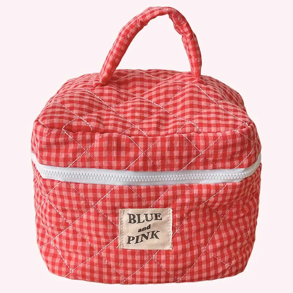 Women Plaid Cosmetic Bag Large Capacity Cotton Makeup Brushes Storage Bag Fashion Sweet Organizer Pouch Cute Travel Toiletry Bag