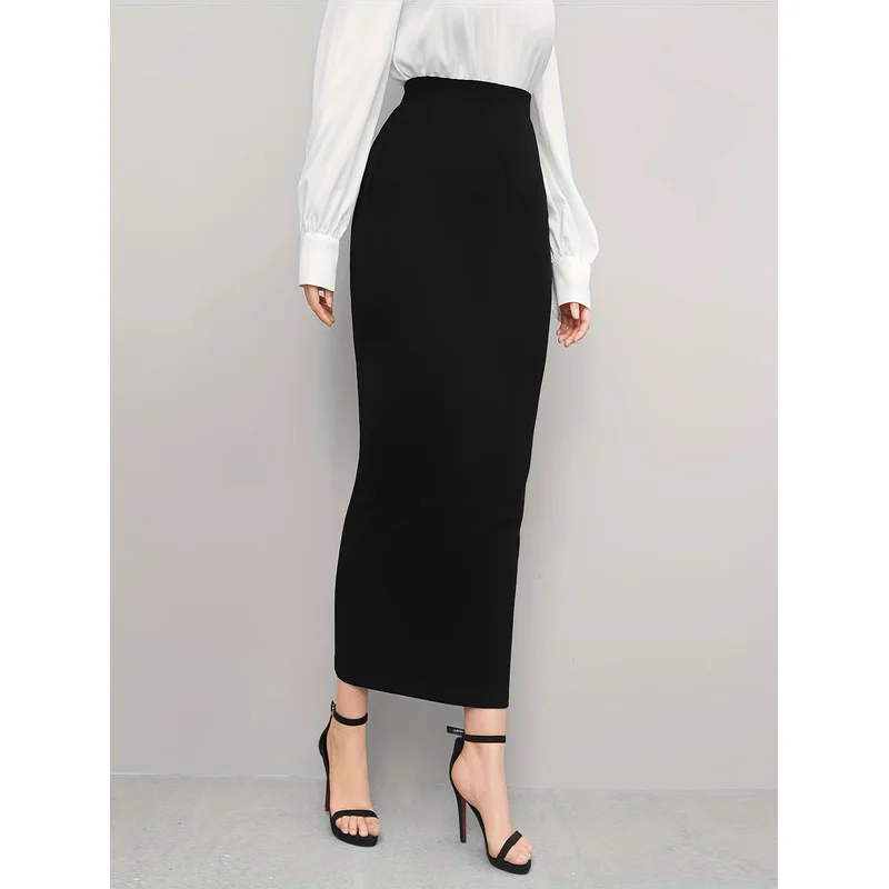2025 오피스 캐주얼 여성 스커트 레귤러 핏 솔리드 컬러 엘라스틱 웨이스트 슬리밍 미디 스커트