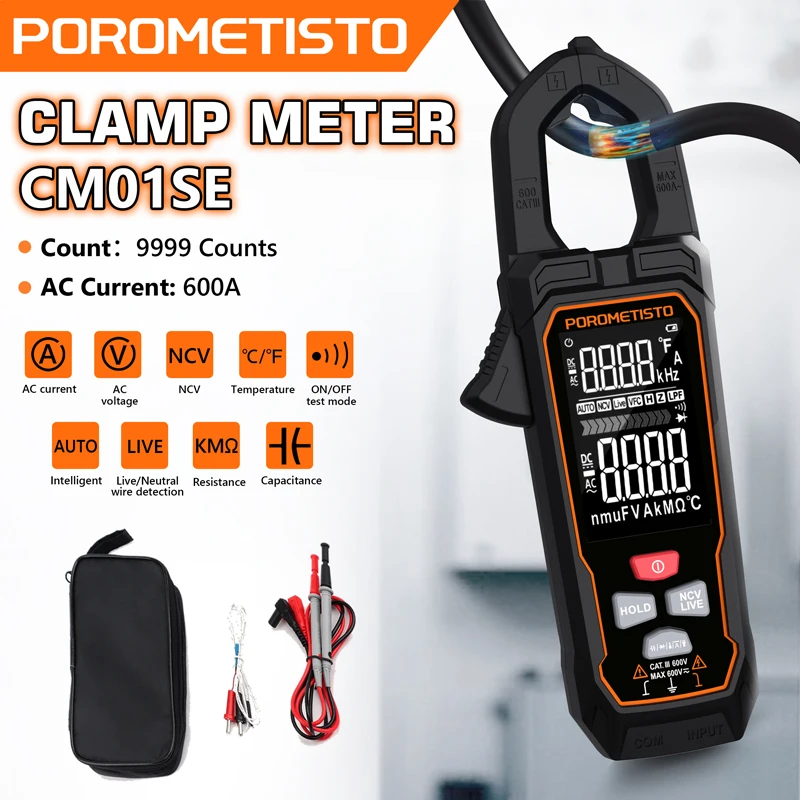 POROMETISTO CM01SE Digital Clamp Meter 9999 Count 600A True RMS Clamp Multimeter DC AC Current Voltage Auto Range Ammeter Plier