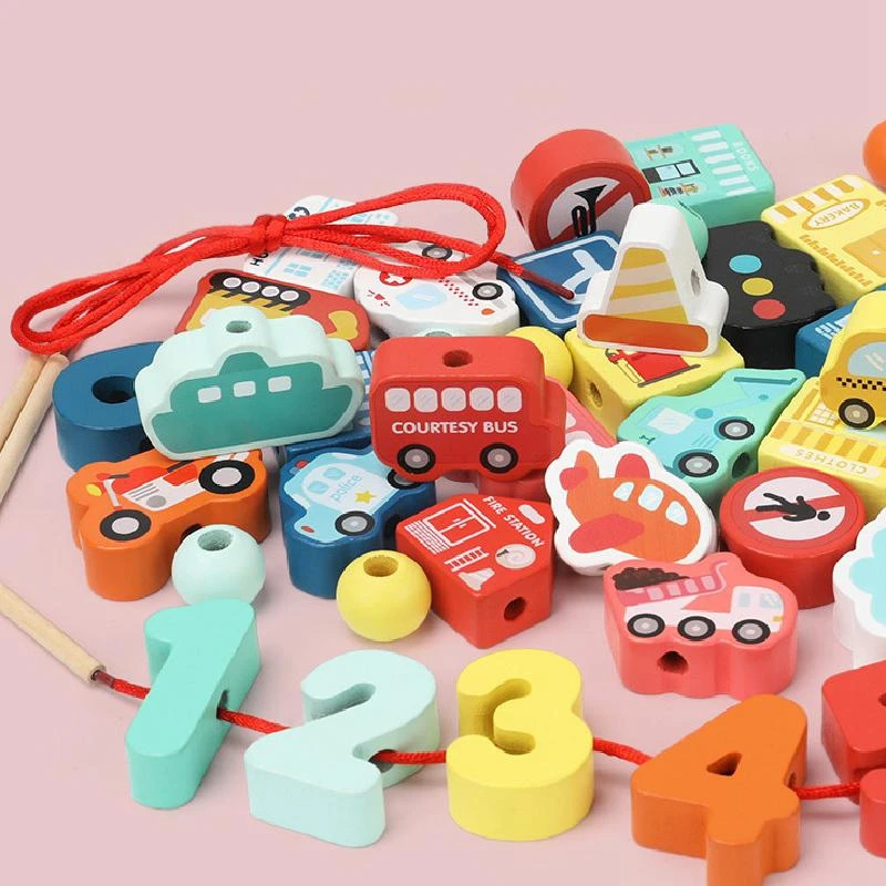 Cartoon Scenes Digital Blocks Kids Wooden Toys Cognition Stringing Threading Beads Game Educational Toys for Children