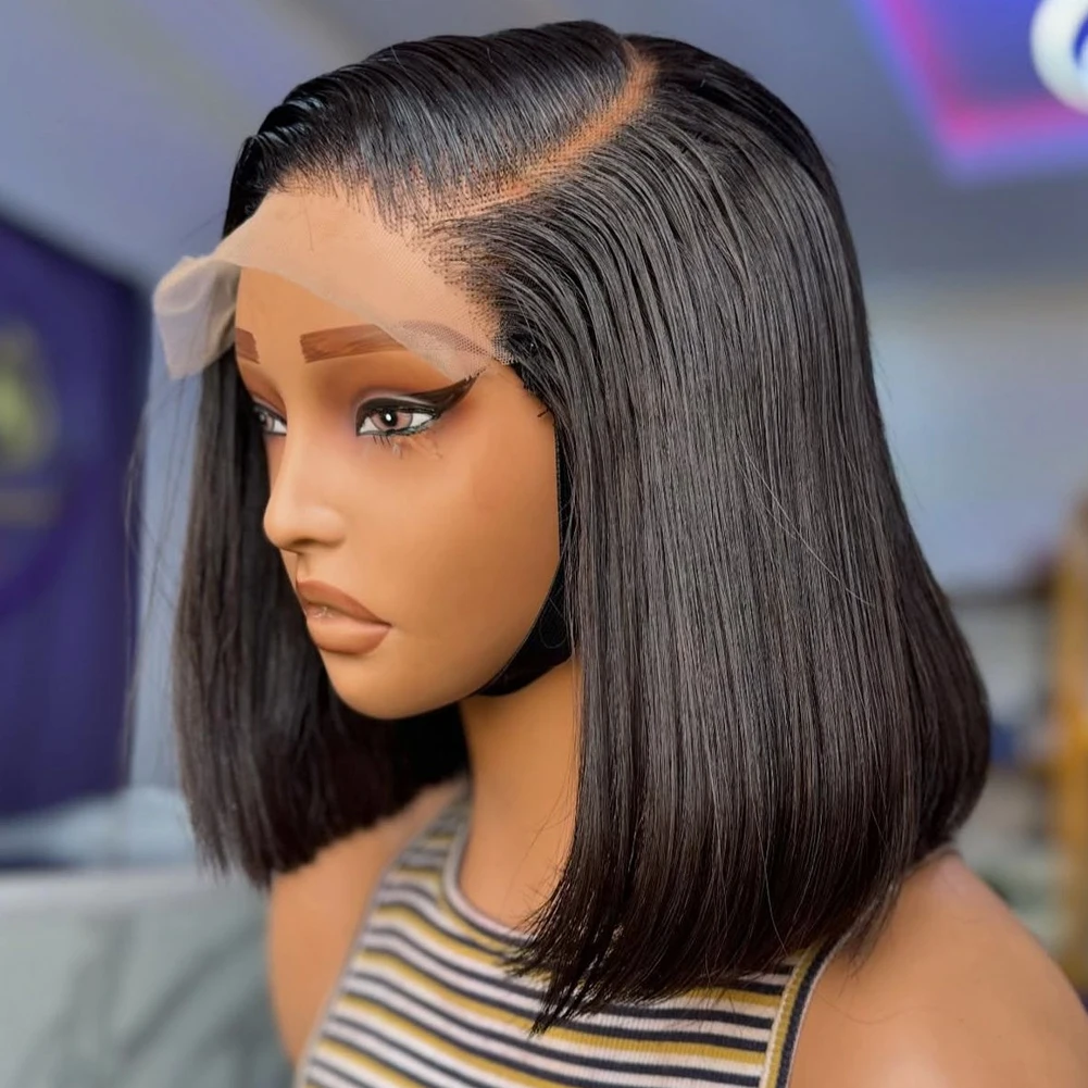 ストレートショートボブウィッグ　密度200-　13x4-hdレースフロントボブウィッグ　人毛　4x4レースクロージャーウィッグ　黒人女性用　生え際調整済み