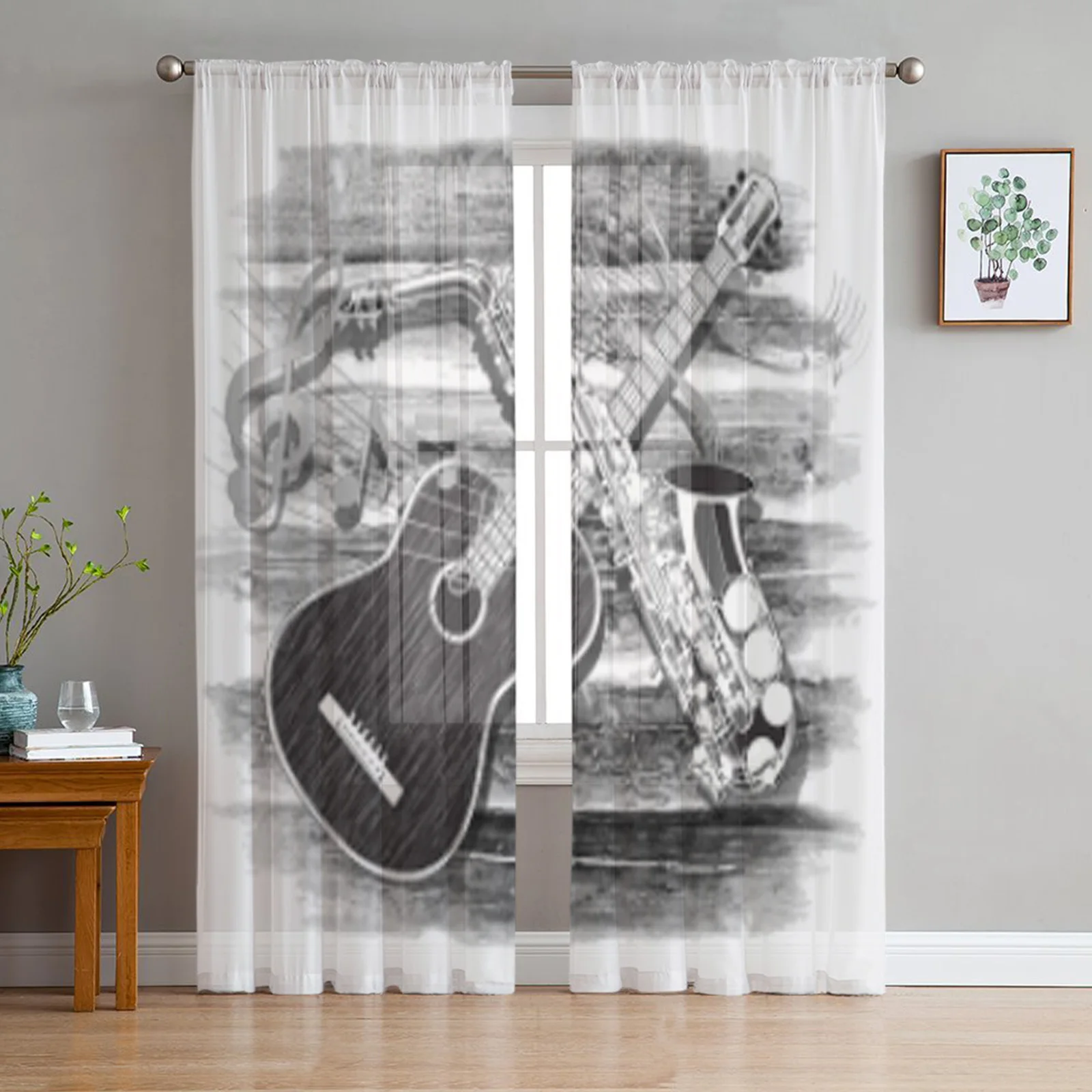 

Acoustic Guitar Saxophone Wooden Music Tulle Sheer Window Curtain for Living Room Kitchen Children Bedroom Voile Hanging Curtain