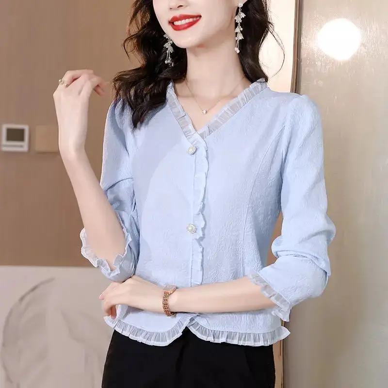 

French Style Elegant Women's Spring New Arrival Long Sleeve Short Sleeve Pullover V-neck Fashion Chiffon Blouse