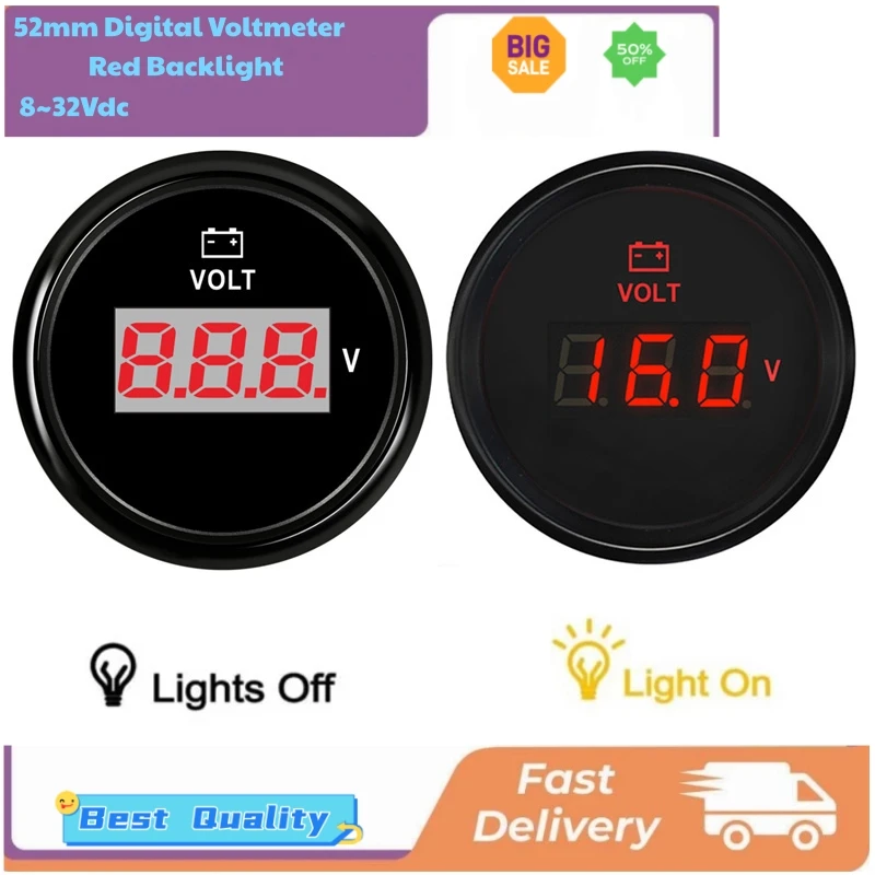 

Car Boat Truck Universal 52mm Digital Volt Meters Devices 8-32v Show Voltmeters Marine Black Voltage Gauges with Red Backlight