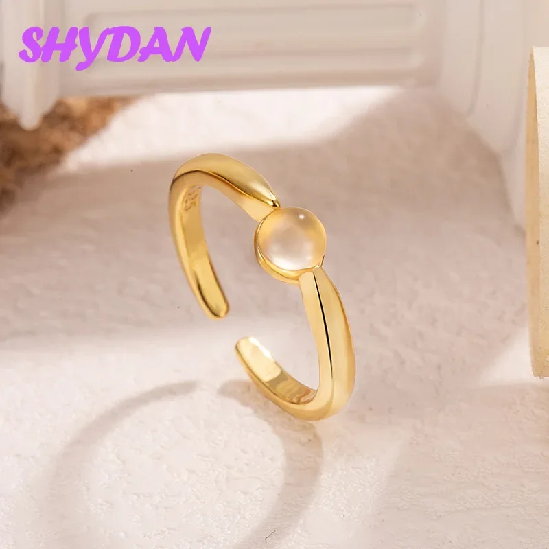 SHYDAN 925 Sterling Silber 18K Gold Weiße Jade Marrow Egg Noodles Offene Verstellbare Ringe für Frauen Mädchen Modeschmuck