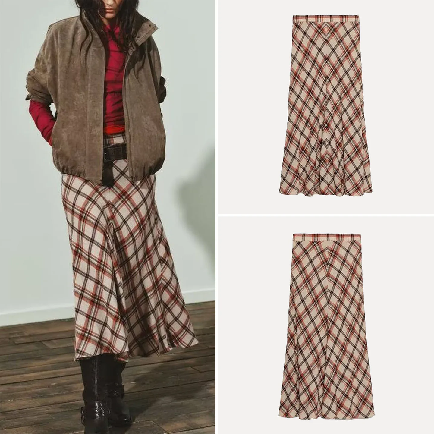 Z レディース ミディスカート 2025 新作 おしゃれ 多用途 エレガント チェック柄 ミッドウエスト ミディスカート 女性用 デイリーウェア その他素材