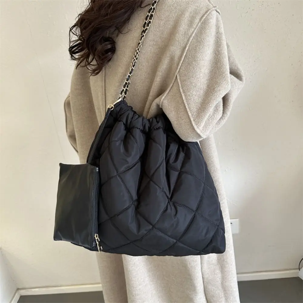 Tas Selempang Gaya Korea dengan Tali Serut, Motif Kotak-kotak, Kapasitas Besar, Tas Jinjing Berlapis Kapas, Tas Empuk Warna Solid