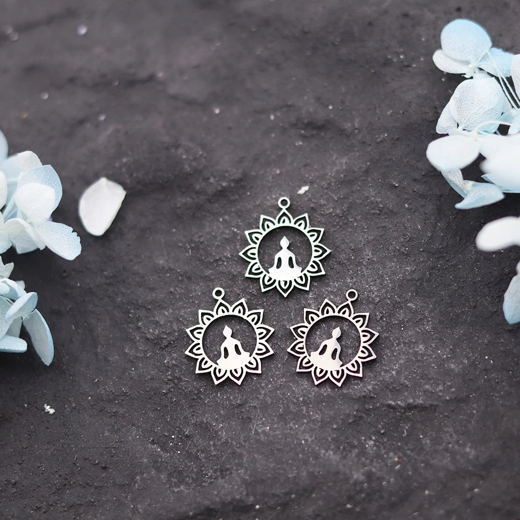3pcs Stainless Steel Lotus Flower Charms Buddhism Yoga Meditation Pendant Necklace Bracelet DIY Jewelry Making Charms